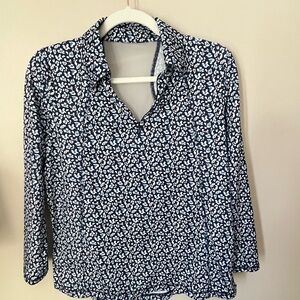 Belyn Key Navy Floral Mesh Back Long Sleeve Golf Top Small